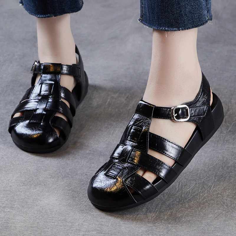 Sandalias romanas de cuero genuino con suela suave para mujer, de piel de vaca de primera capa, con hebilla hueca, informales...