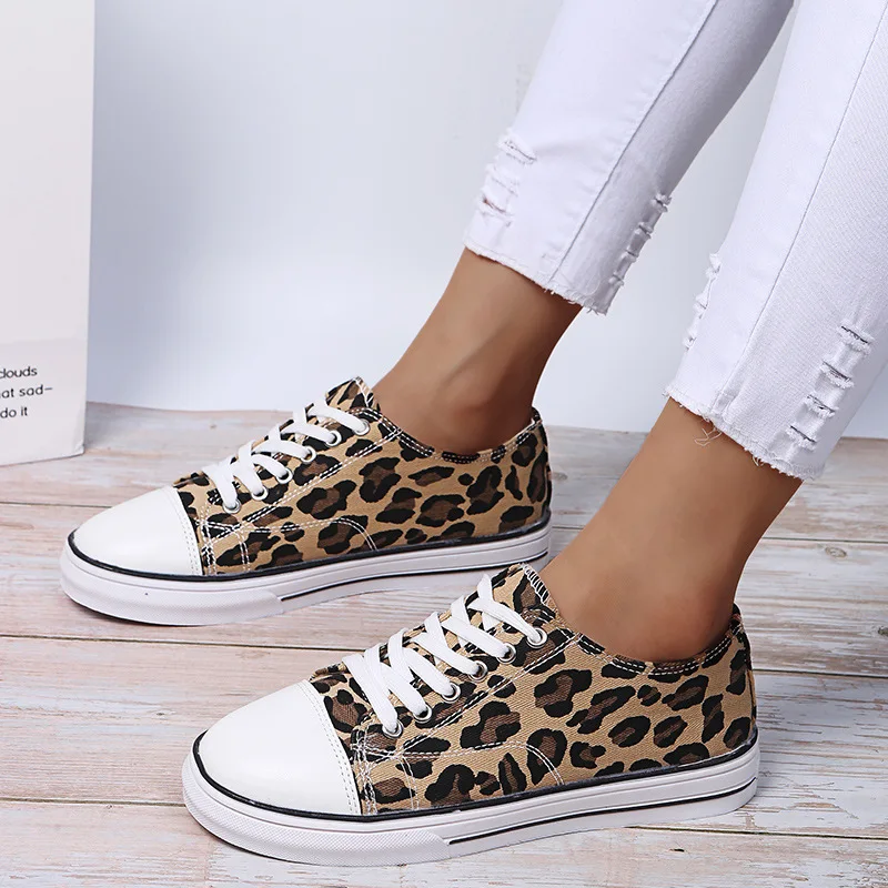 Shoes for Women  Autumn Fashion Leopard Canvas Shoes Lace Up Flats Women Platform Size 43 Casual Shoes Zapatillas De Mujer