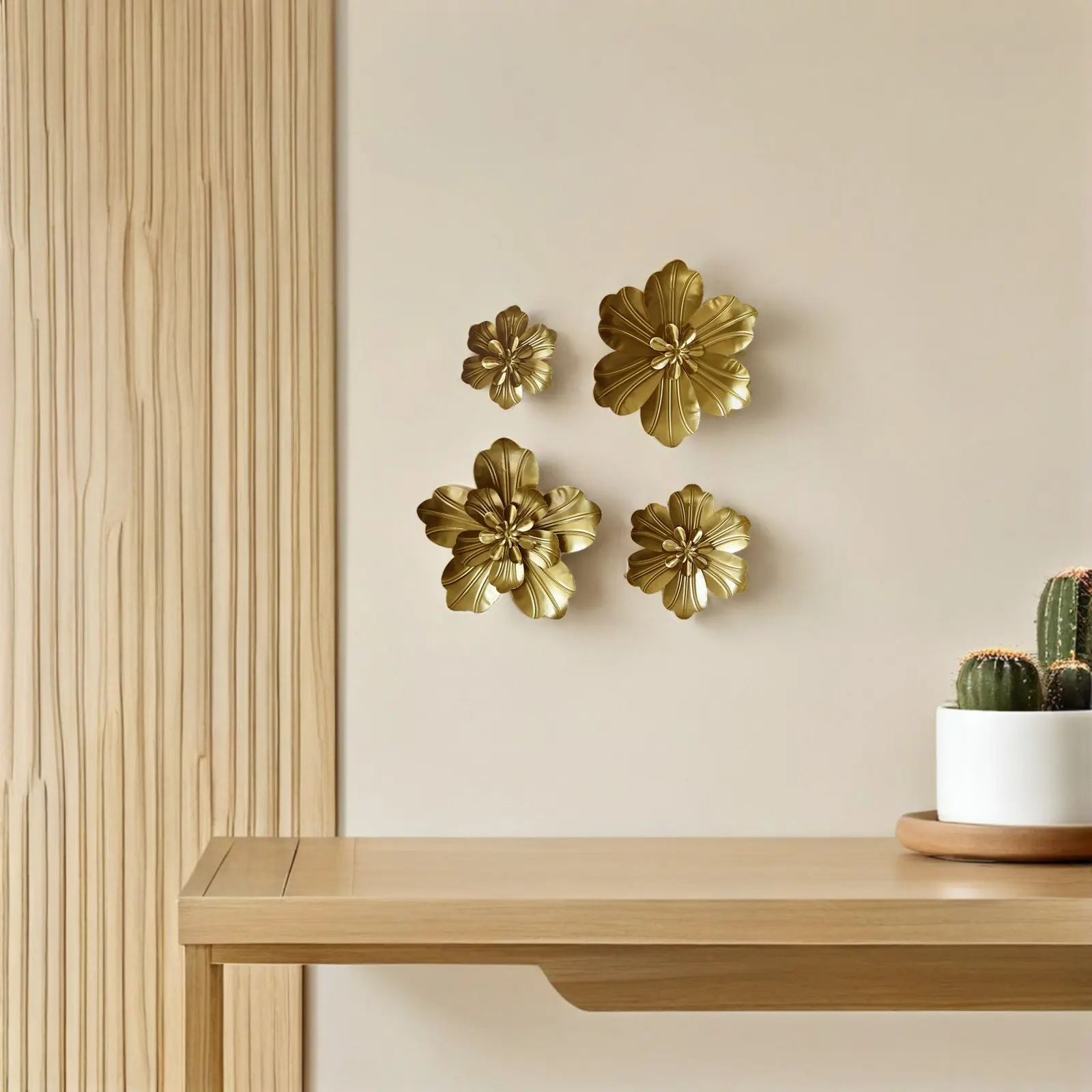 4pcs Metal Flower Wall Hanging Decor 3D Gold Layered Floral Sculpture for Living Room Modern Metal Wall Art Decoration