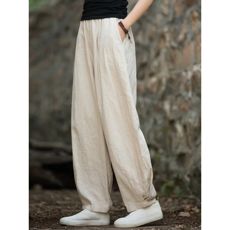 Women Wide Leg Pants Elastic Waist 2024 Autumn New Linen Trouser Women Pants Loose 11 Colour Casual Vintage