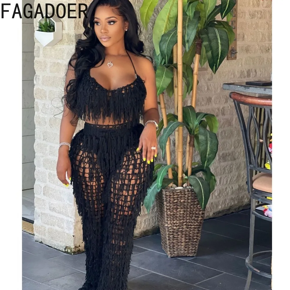 

FAGADOER Sexy Hollow Out Tassels Pants Two Piece Sets Women Halter Sleeveless Backless Crop Top + Pants Outfit Female Streetwear