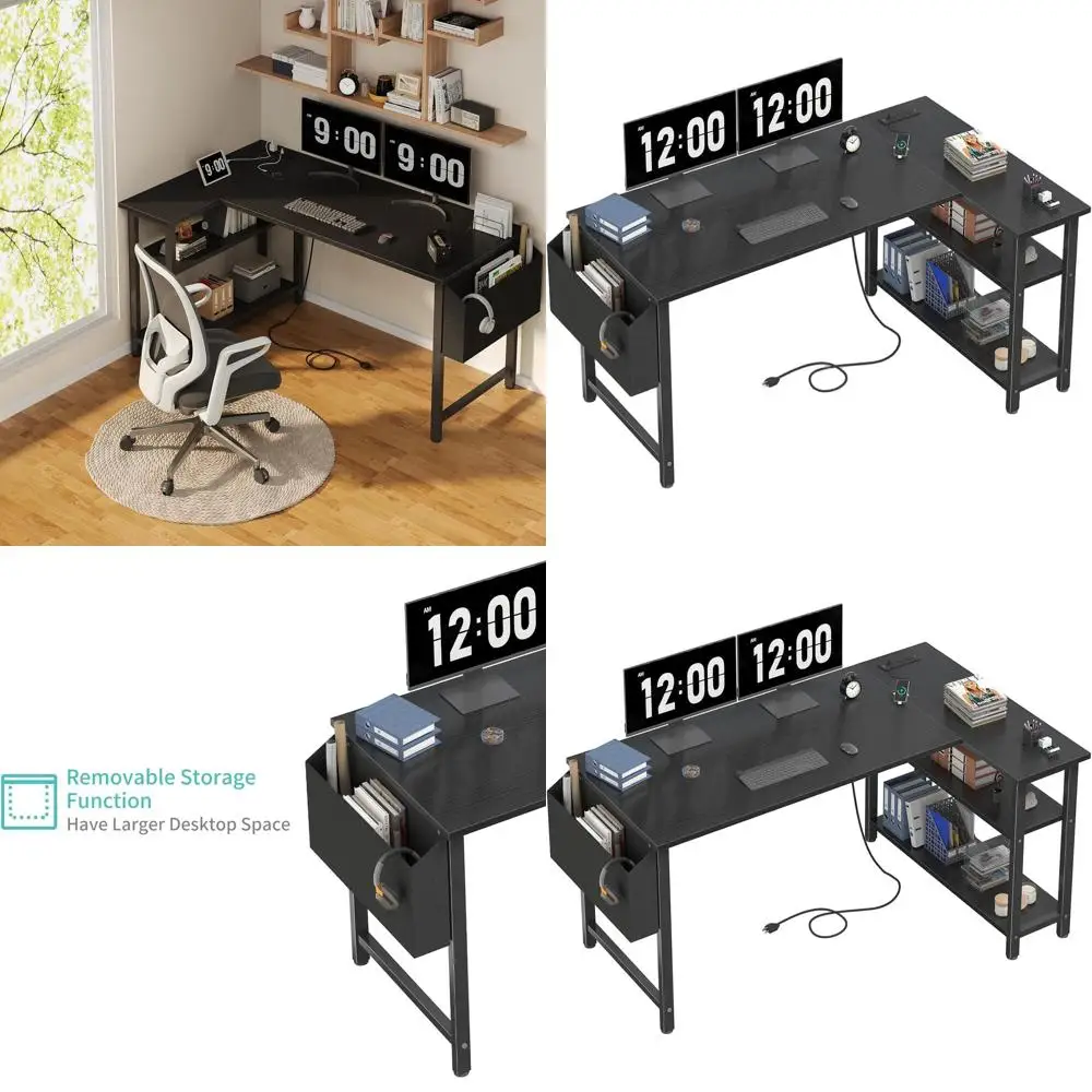 

47 Black L-Shaped Computer Desk with Power Outlet Shelves for Home Office and Bedroom Use