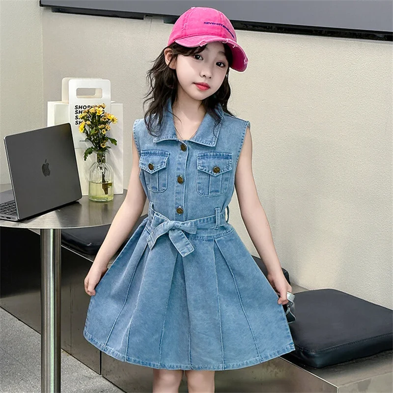 

Girls Summer Dress New CuHK Kids Korean chic denim skirt sleeveless trend for little girls 6-12 years old