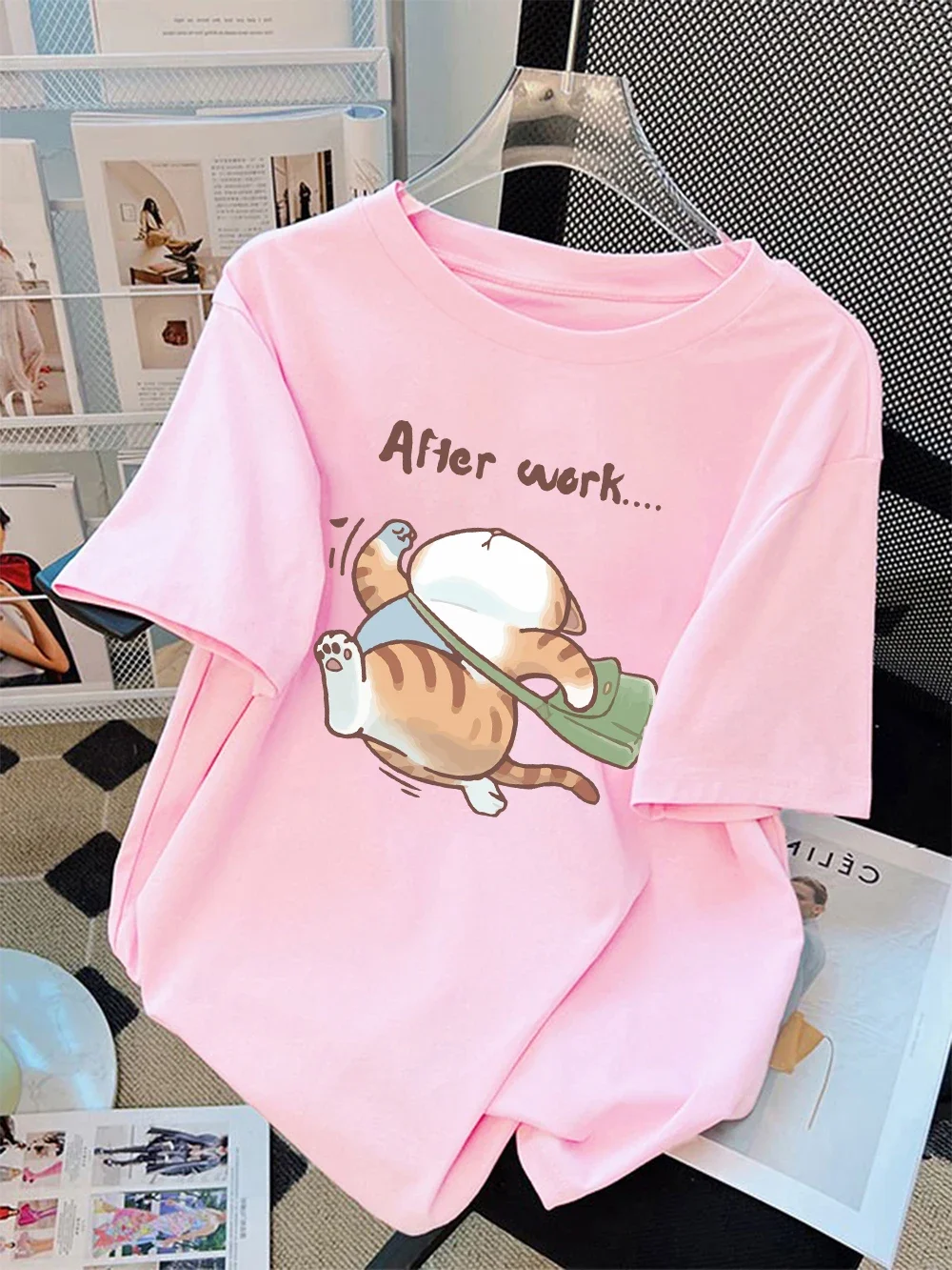 Summer T-Shirts Womens The Cat That Runs After Work Prints Tops Soft O-Neck Short Sleeve Tees Basic Clothes women clothing tops