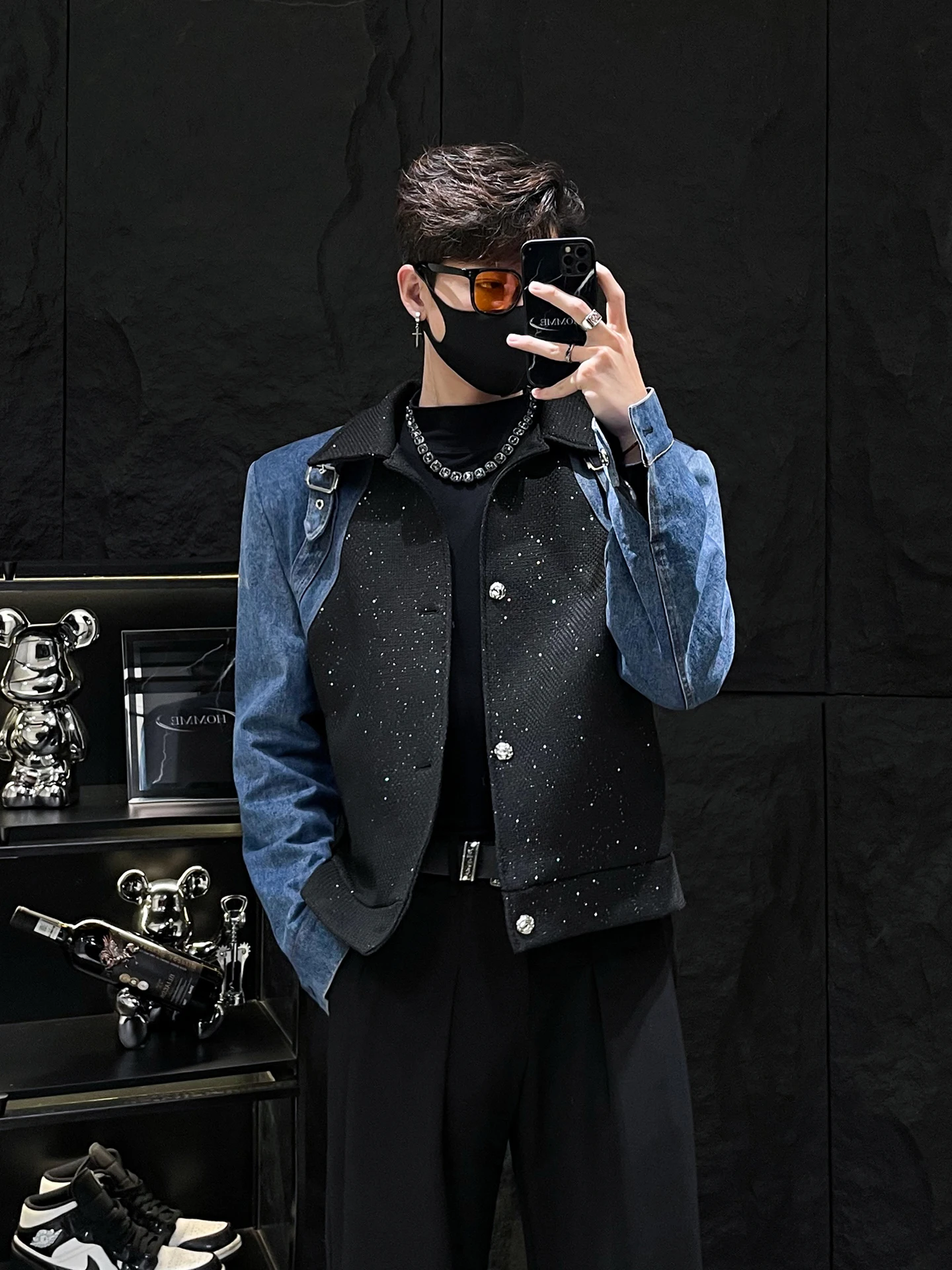 

Color Blo Denim Jaet ort Sle Padded oulder Men's Faion Outerwear Spring Autumn Loose Fit Youthful Korean Sle