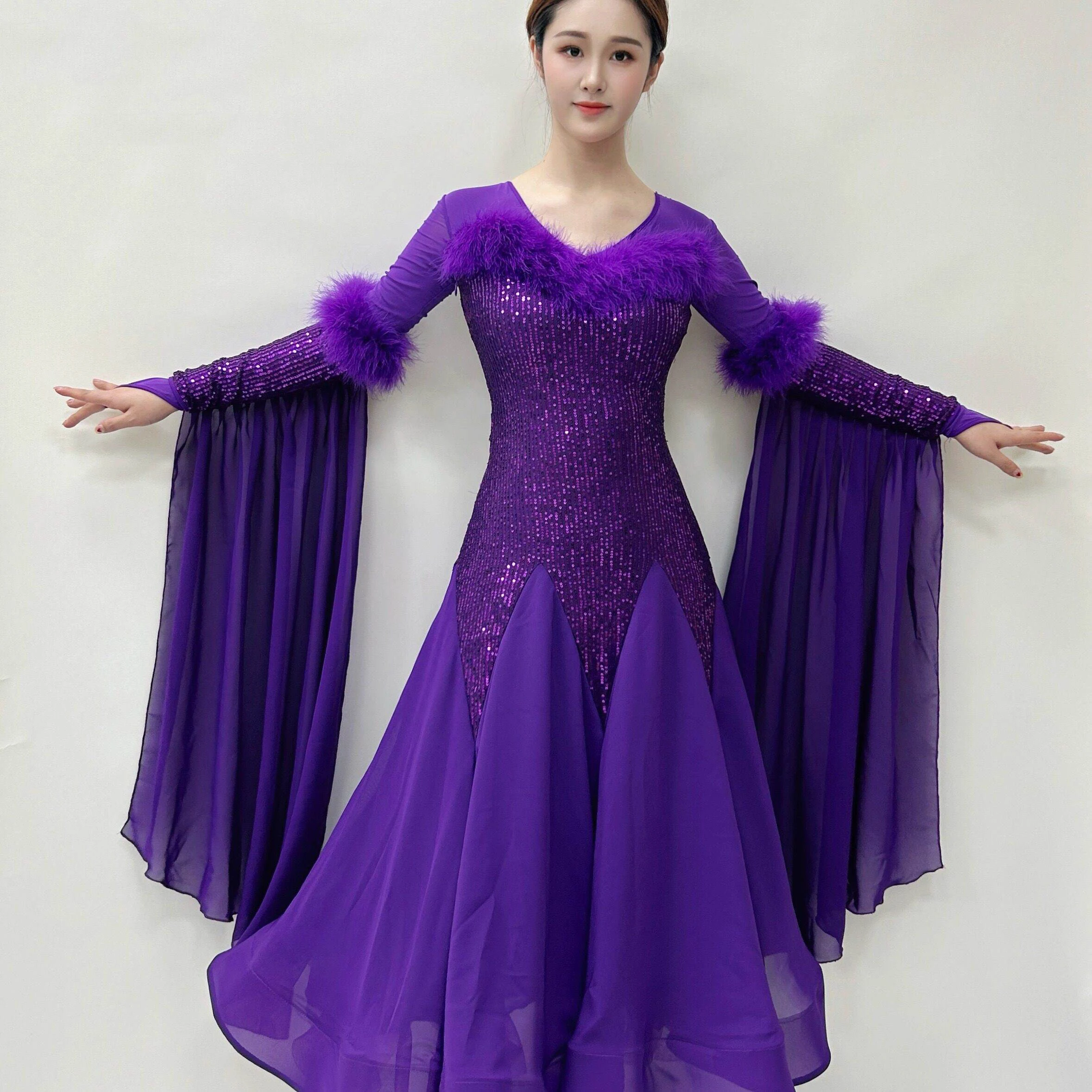 

6 Colors Sequin Ballroom Dance Dress Women Waltz Dance Competition Clothing Feather Long Sleeves Dresses Party Costumes BL17394
