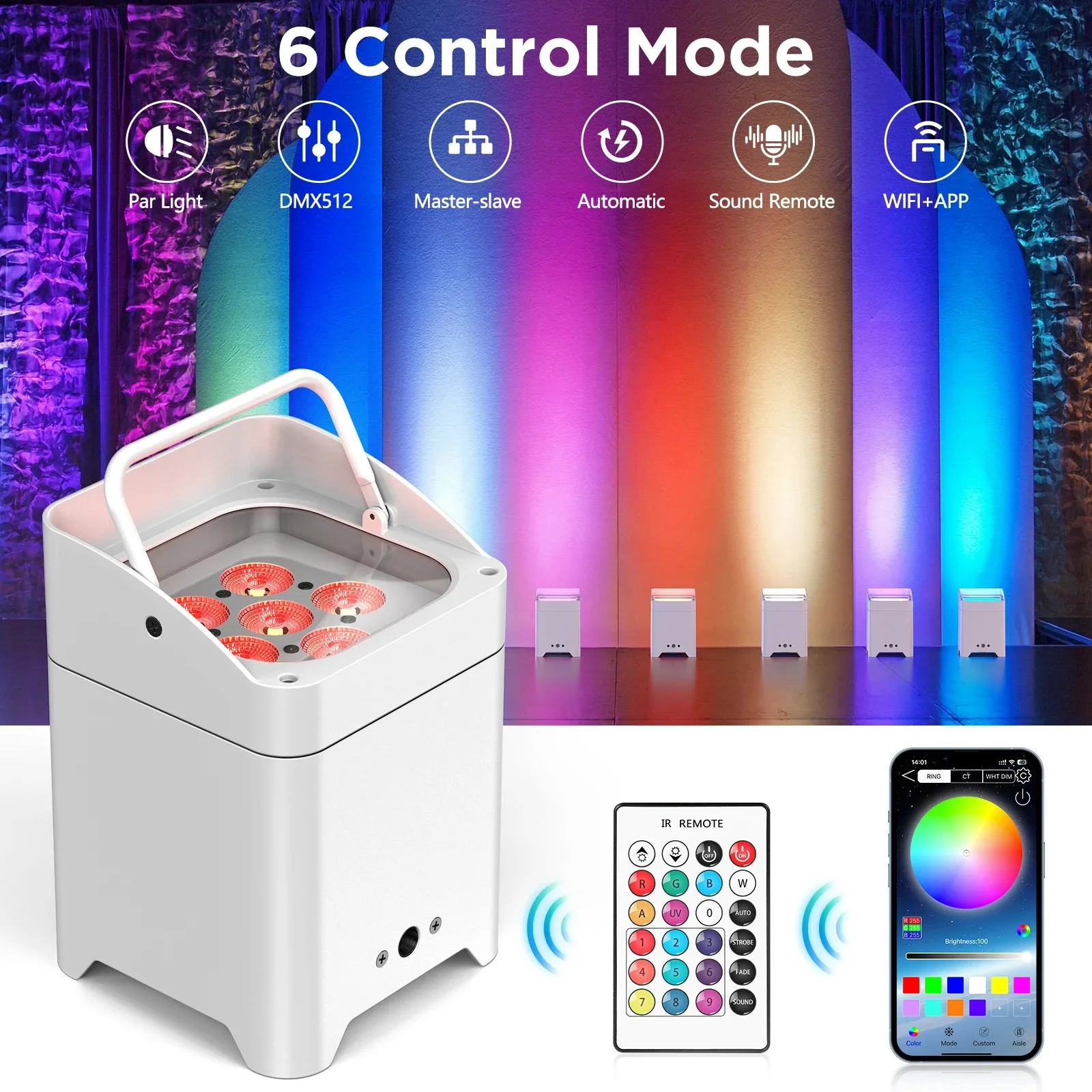 U'King 2PCS RGBWA+UV 6IN1 Battery LED Par Light DMX 512 Wireless Remote Control 6x18W Led Stage Light for Disco DJ Party Concert