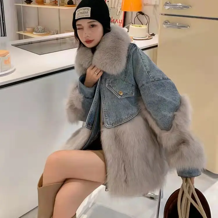 Winter Autumn new Women imitation Fox hair splice fur coat Korean casual big fur collar Denim jacket Single Breasted Parkas R064