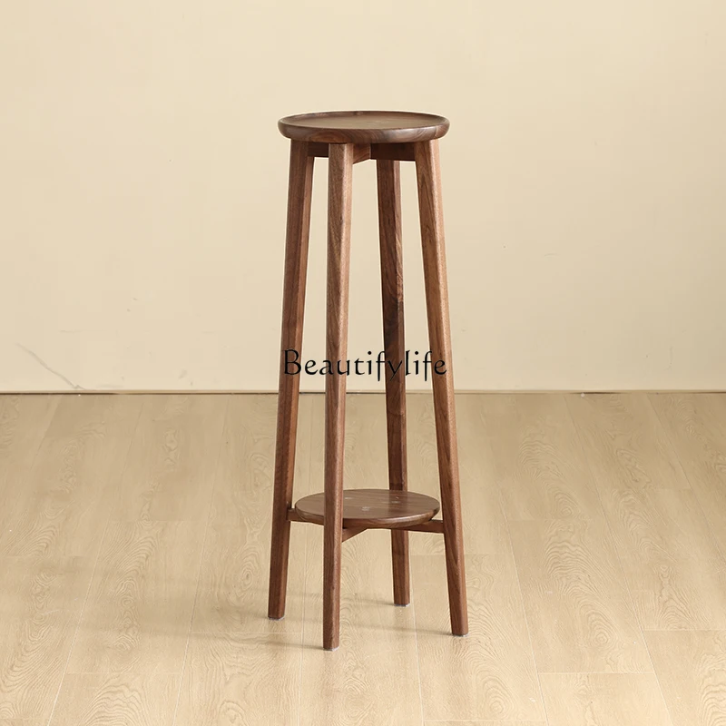 Black walnut flower stand Nordic all solid wood succulent bonsai stand simple new Chinese floor round flower table