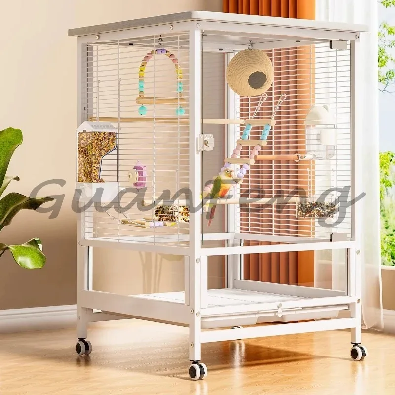 Large Stainless Steel Birdcage with Base and Wheels, Spacious Pet Habitat, and Household Birdkeeping Supplies