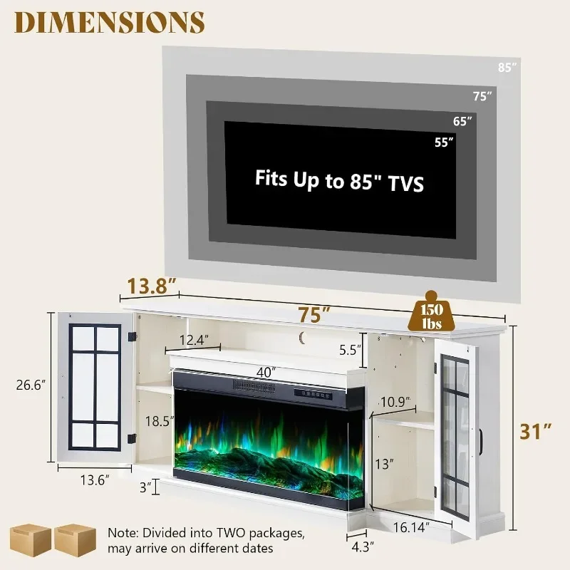 AMERLIFE 3-Sided Glass Fireplace TV Stand for TVs up to 85