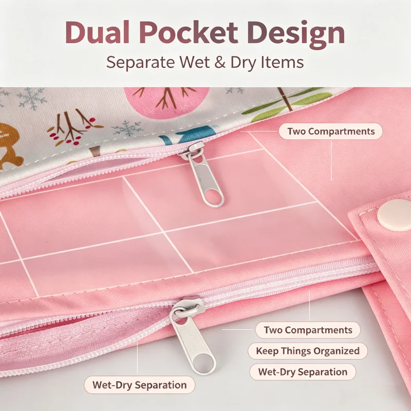 Imagen 4: Bolsa para pañales de bebé de 25x35cm con doble asa, impermeable, con separación de ropa húmeda y seca, almacenamiento con cremallera, organizador portátil con estampado de dibujos animados