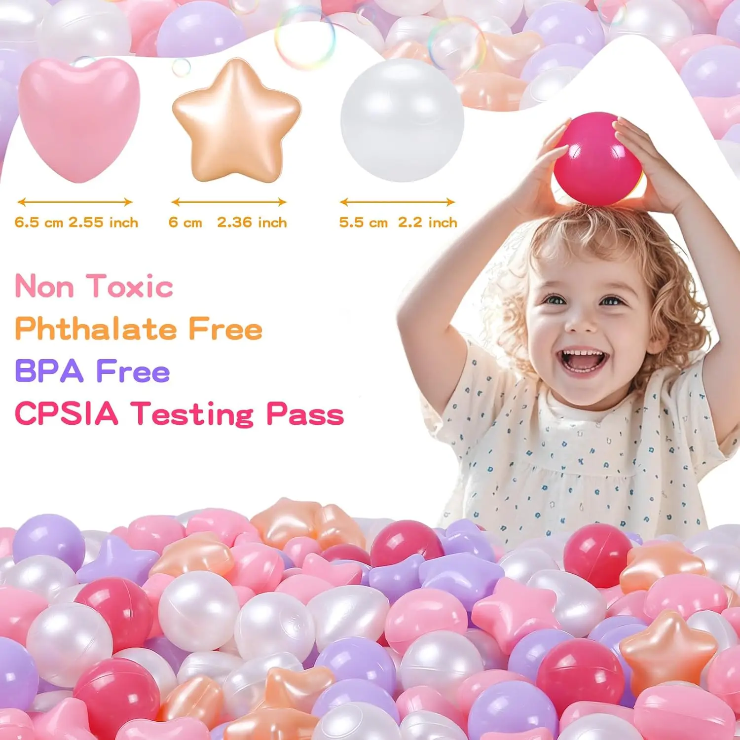 Ball Pit Balls 100 Rose Violet Or, Boules en plastique pour les tout-petits sans ftalat sans BPA, balles anti-écrasement dans des jouets de jeu réutilisables