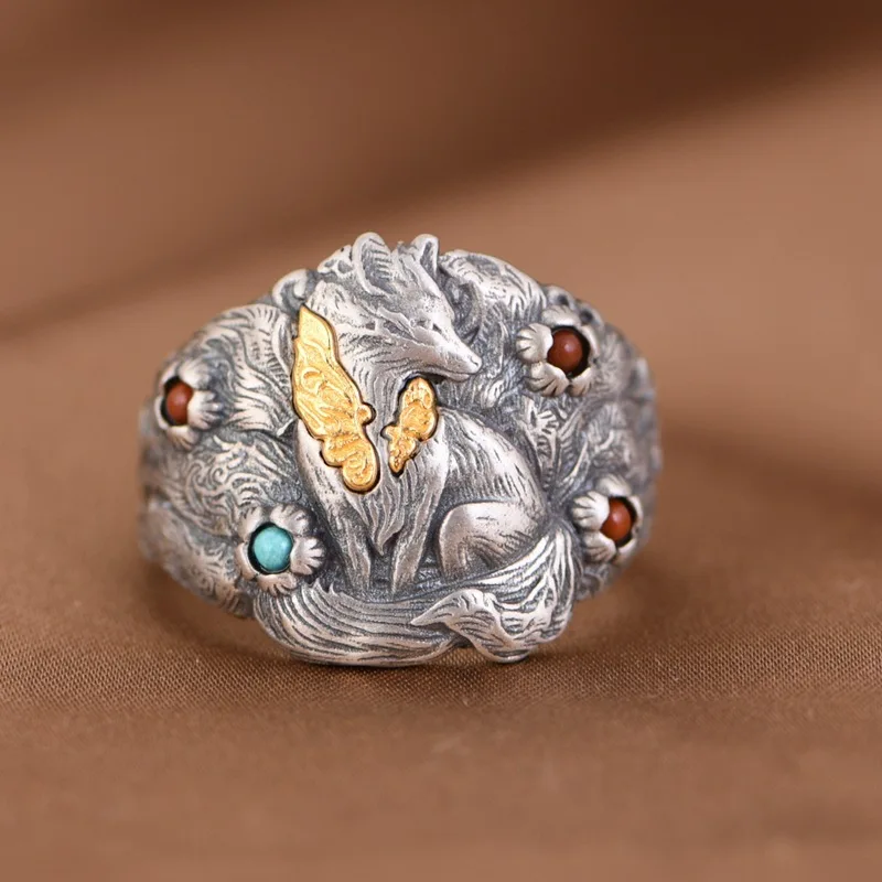 

Chiba Taiyin Fox Ring Retro Nine Tailed Fox Silver Personalized Design Exaggerated Index Finger Ring unisex