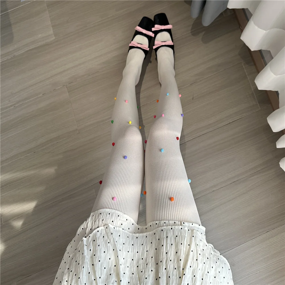 Cute Colorful Fur Ball Dot Embellished Ladies' Pantyhose Playful Vertical Stripes Lolita Hottie Fashion Show Slimming Tights