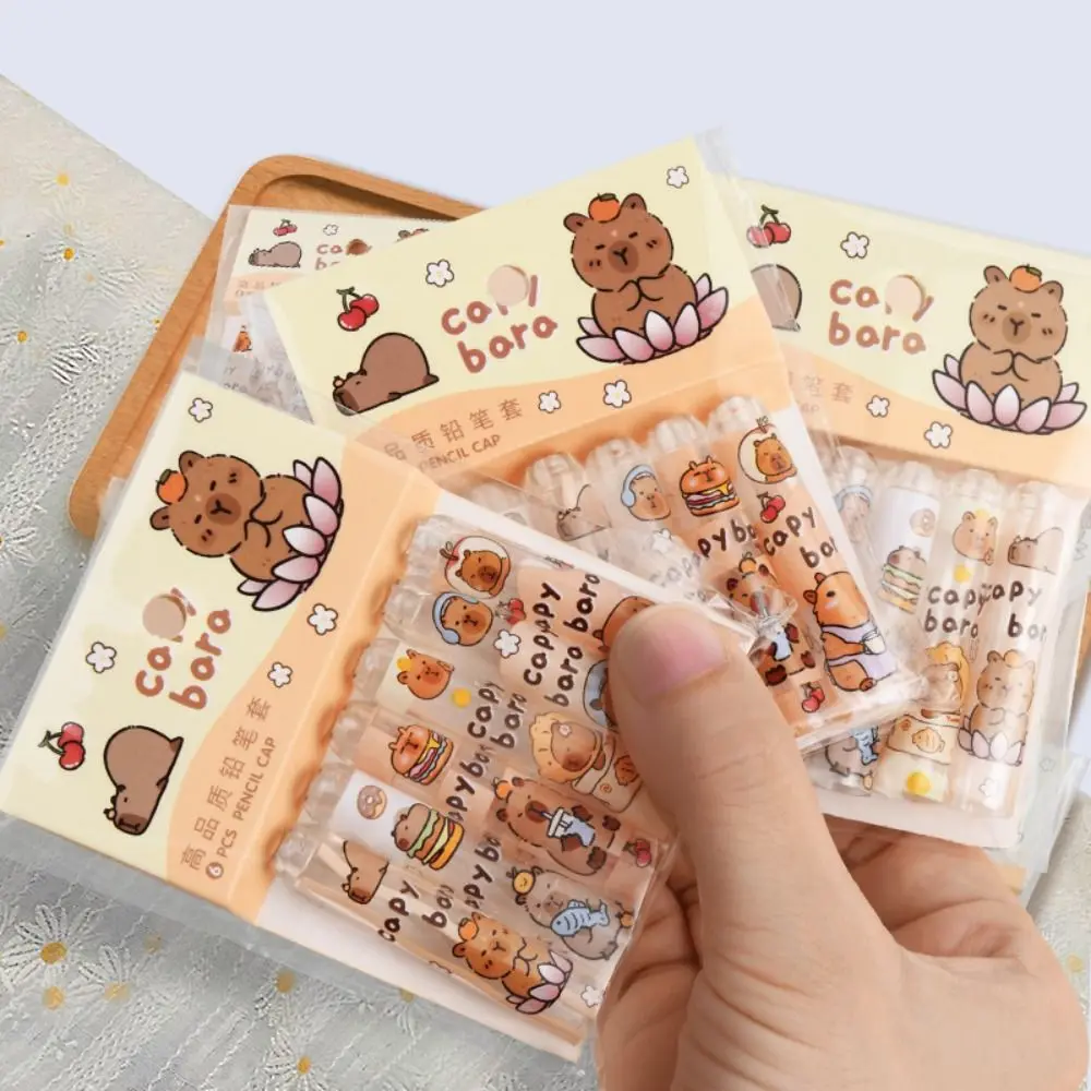 6 шт. защитный чехол, милая капибары, кепка для карандашей, кавайный нетоксичный топпер для карандашей, прозрачный удлинитель для карандашей с героями мультфильмов для детей