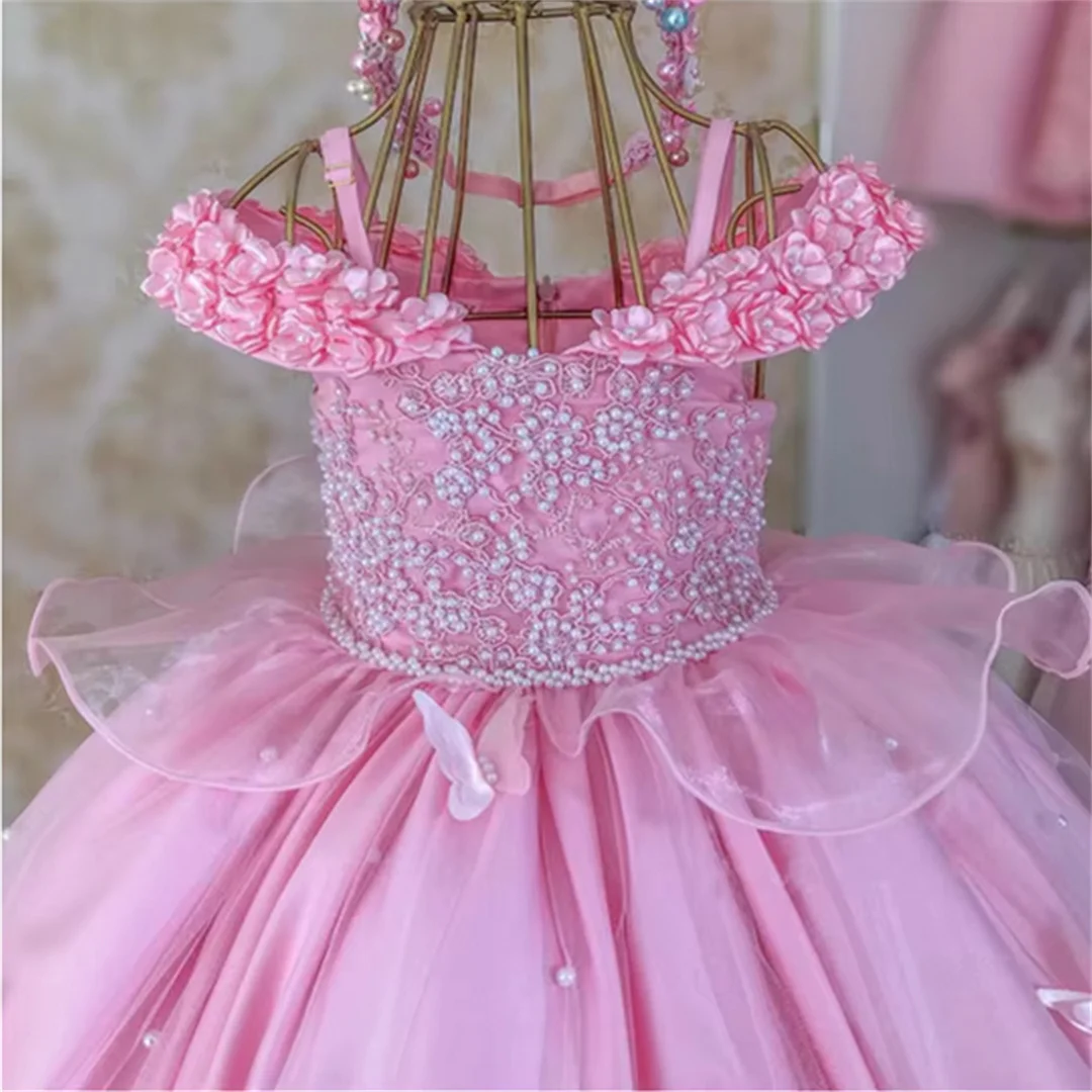 Personalizado primeiro vestido da menina do bebê pérolas rendas borboletas festa de aniversário infantil fora do ombro vestido de comunhão vestidos da menina de flor
