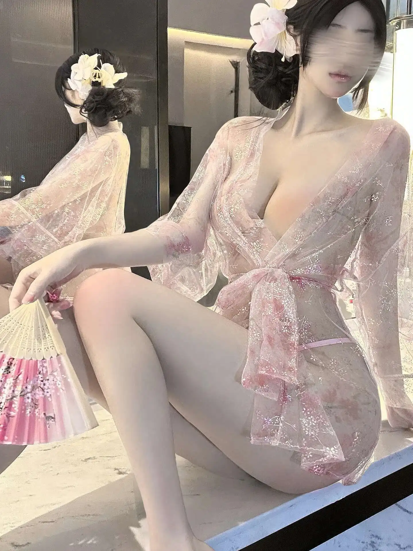 Erotic Sexy Deep V Neck Shoulder Cardigan Perspective Sheer Mesh Lace Hot Printed Kimono Bathrobe Dress Elegant Sweet Tops KHB5