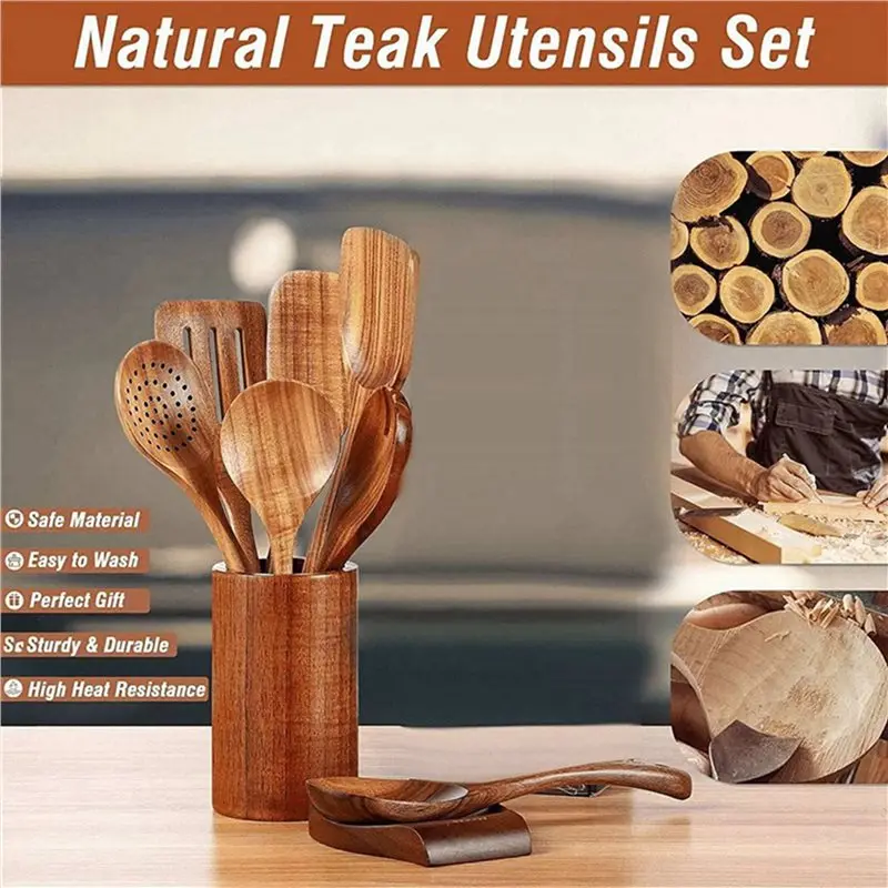 18PCS Natural Wooden Spoons For Cooking Wooden Utensils For Cooking With Utensil Holder Teak Wooden Kitchen Utensils Set-B51B