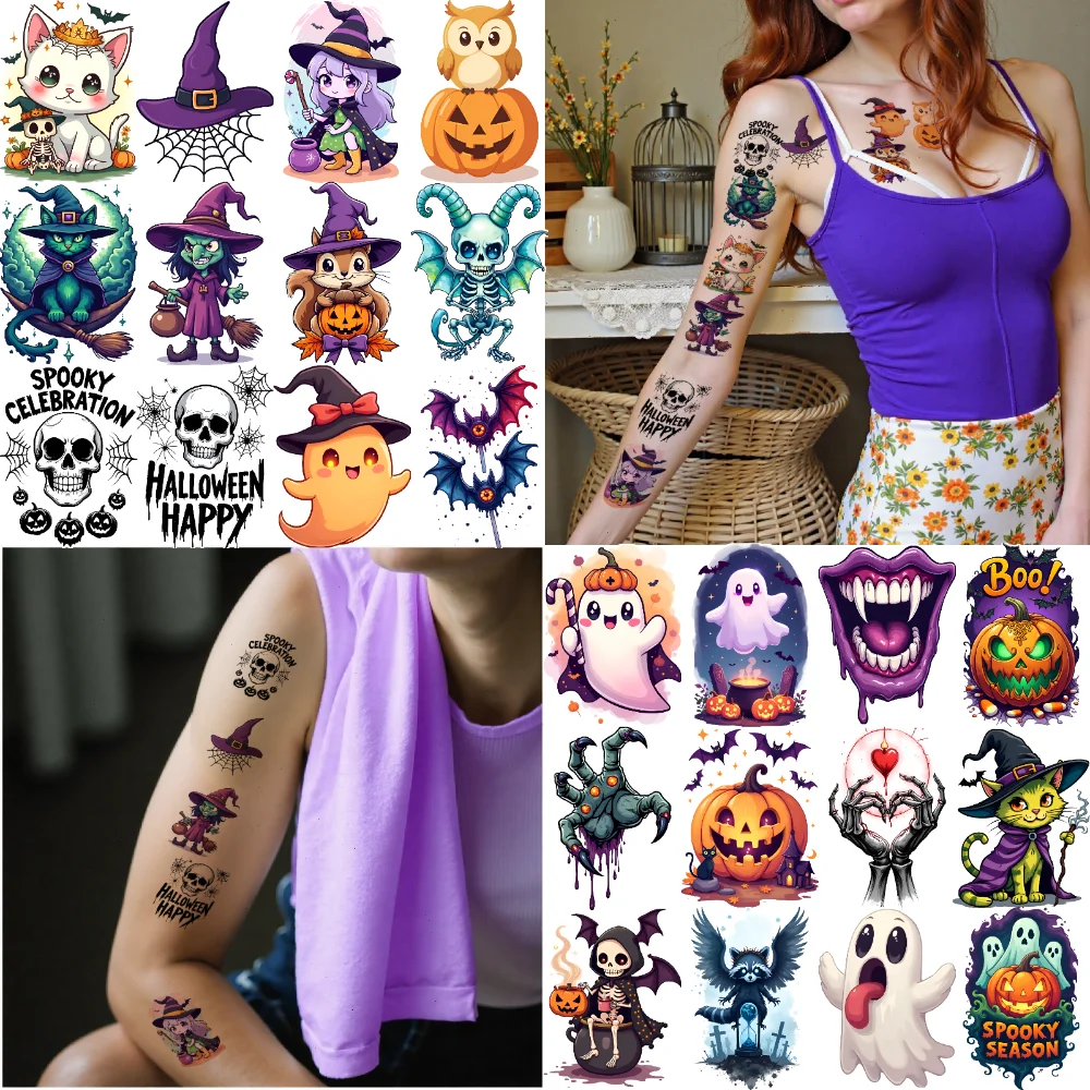 

54 шт., временные татуировки, летучие мыши, водонепроницаемые, долговечные наклейки для тела, изображения кошек, украшения призраков, временные татуировки, наклейки