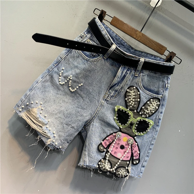 Original 2024 Summer New European Ripped Beaded Cartoon Shorts Fashion Patch High Waist Slim Streetwear Denim Straight-Leg Pants