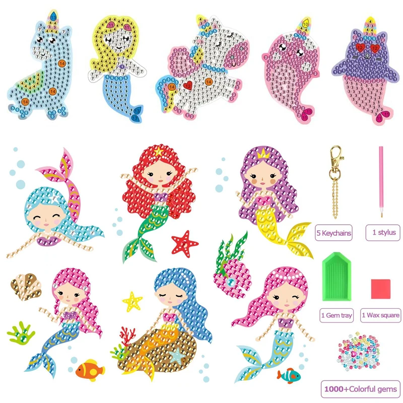 Mermaid Diamond Painting Stickers Kits DIY Double Side Big Gem 5D Keychain Arts Crafts Girls Dot Painting Kits for Beginners