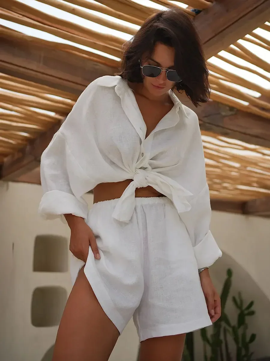 Lässige Shorts-Sets aus 100 % Baumwolle, 2-teilig, gemütliches Hemd mit Revers und Laternenärmeln, Sommer-Outfit, elastische Taille, Shorts-Anzüge