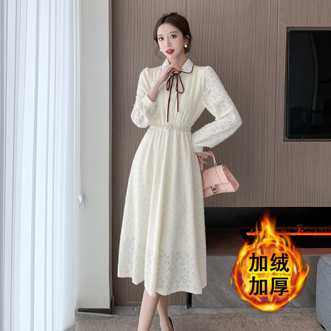 

Anna-Kaci Vintage Dress Casual Long Bubble Sleeve High Waisted Shrink Pleated Chiffon Lace Flutter Summer Dresses