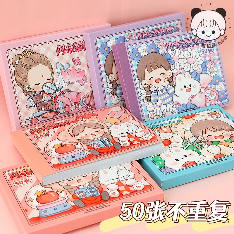 50 Sheets Kawaii Bear Rabbit Girl Material Sticker Book Decorative Scrapbooking Diy Label Diary Stationery Album Journal Planner