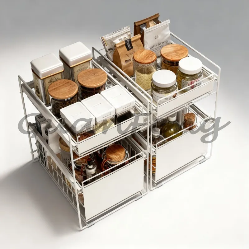 Double Tier Steel Sliding Under Sink Storage Basket Folding Pull Out Cabinet Drawer Rack Kitchen Bathroom Organizer