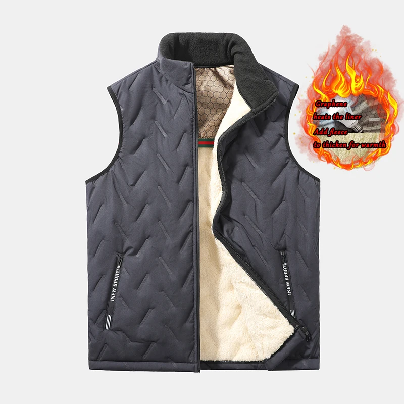 M-8XL new fleece graphene vest, cargo cardigan stand collar men's thick lamb wool cotton clip, large size sleeveless vest