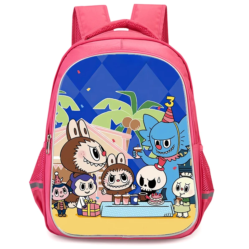 Mochila escolar para meninas La-bu-bu com bolso duplo com zíper, bolsas escolares rosa de desenho animado, bolsas infantis duráveis de 16 polegadas para estudantes de alunos