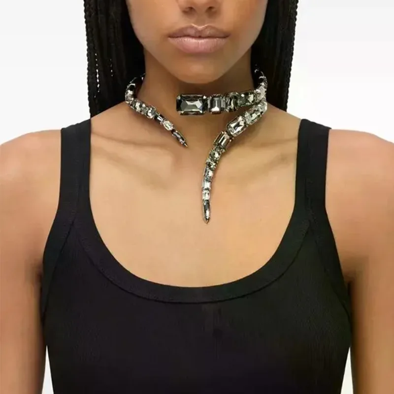 Women Crystal Snake Choker Necklace Black Rhinestone Wrap Collar Bold Statement Jewelry for Prom Party Nightclub Costume Gift