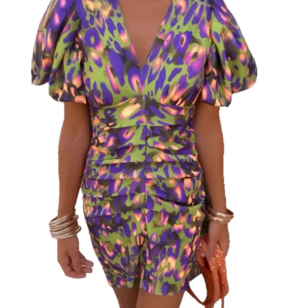 Elegant Women's Dresses Summer Print V-neck Tight Short Sleeved Dress Women Vestidos De Fiestas Elegantes Mujer Robe Femmes view 5