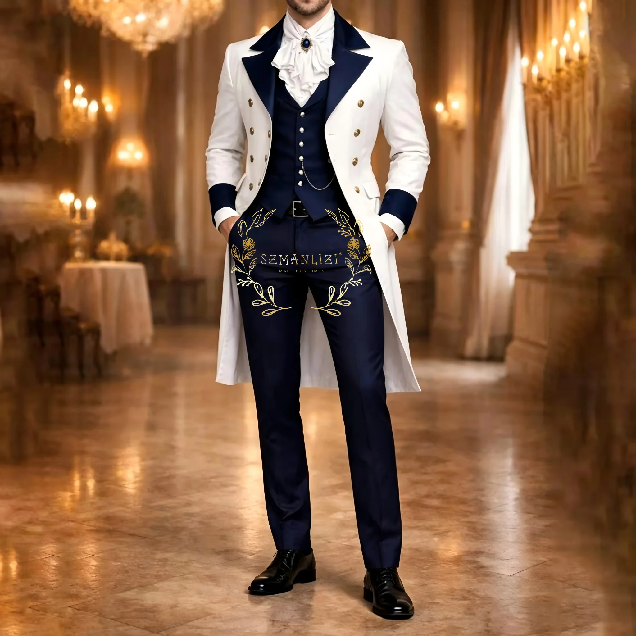 2026 Elegant Formal Men Suits Wedding Party Groom Prom Business Male Tuxedos 3 Piece Set White Long Blazer Navy Blue Vest Pants