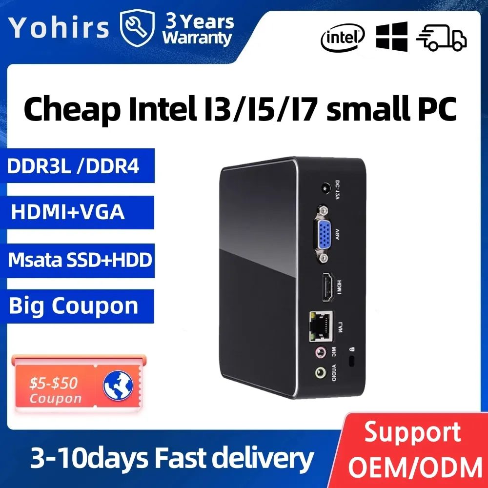 Безвентиляторный Mni ПК Core i5 5287U i7 5500U 4500U i3 5005U 4010Y VGA HD дисплей Gigabit Lan Win10 портативный Htpc Компьютер Wi-Fi