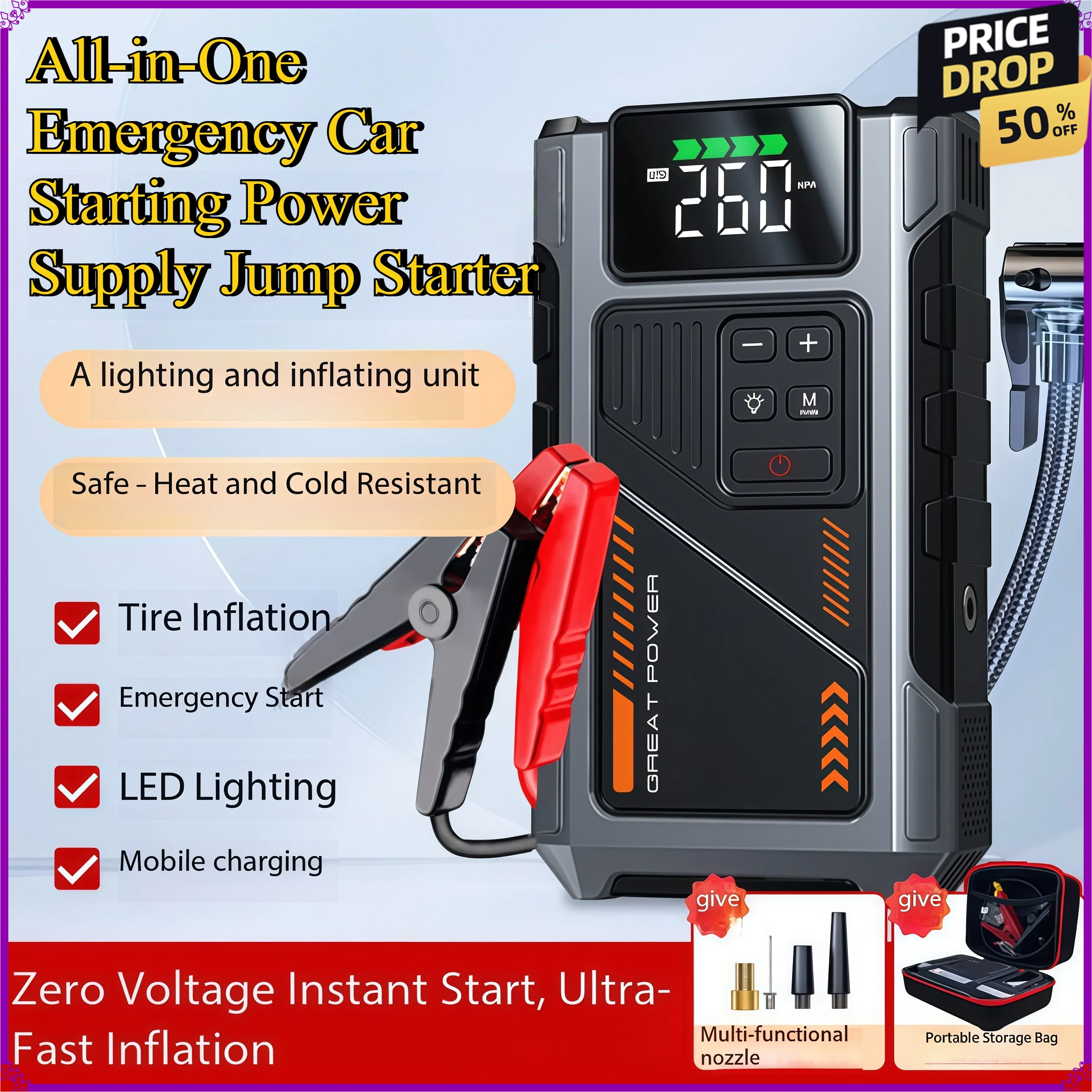 Portable All-in-One Emergency Car Starting Power Supply Jump Starter with 12V High-pressure On-board Inflator for Strong Start