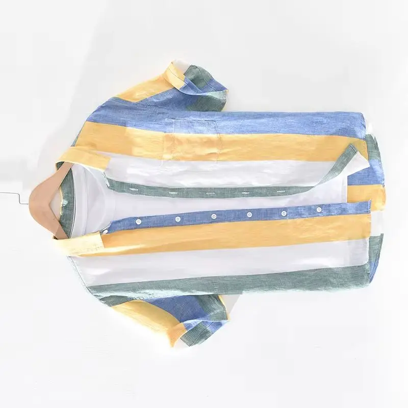 

Italy 100% Linen new short sleeved summer shirts men casual breathable striped shirt men chemise camisa tops mens clothes