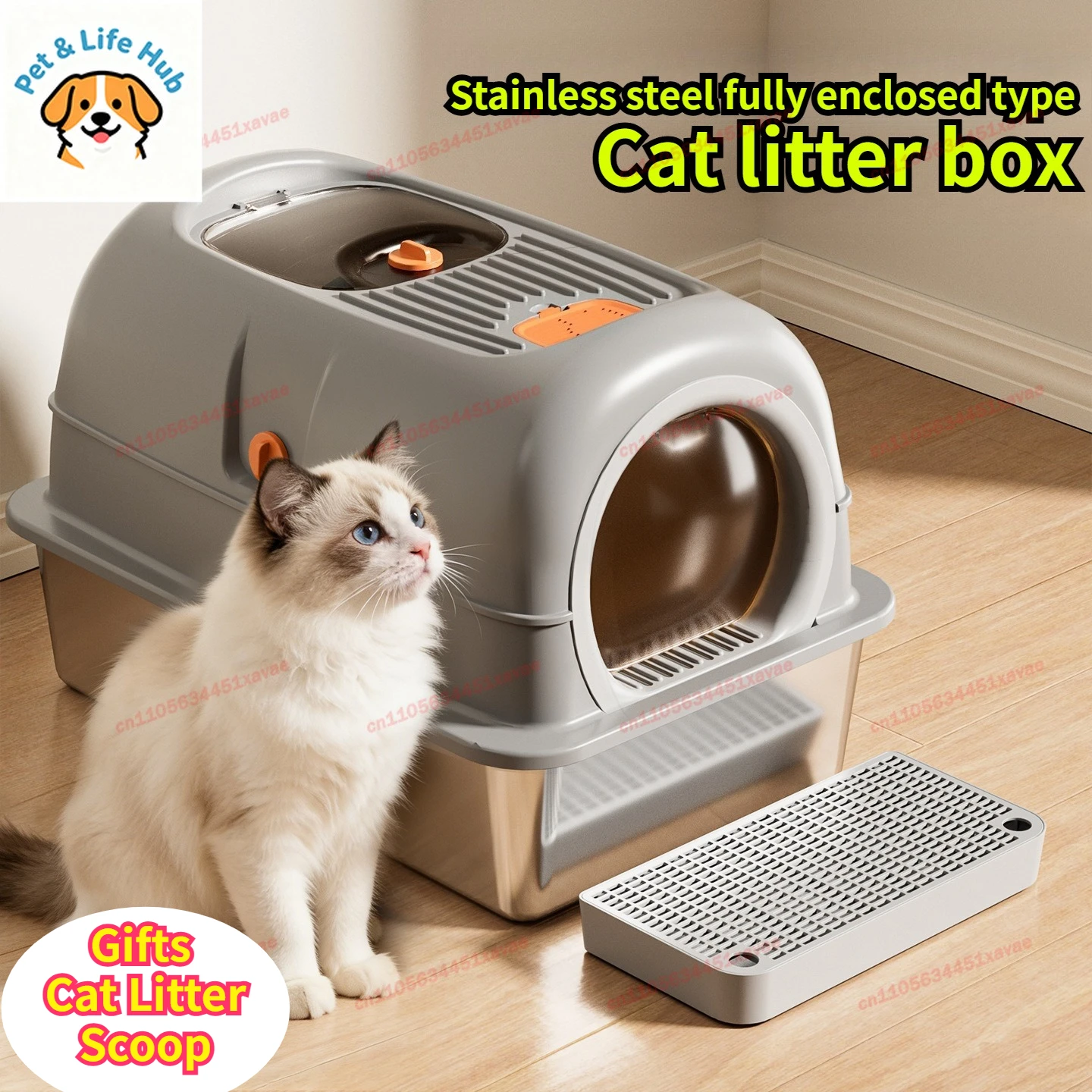 Caja de arena para gatos de acero inoxidable con inodoro completamente cerrado, caja de arena grande para gatos grandes, incluye pala y tapete.