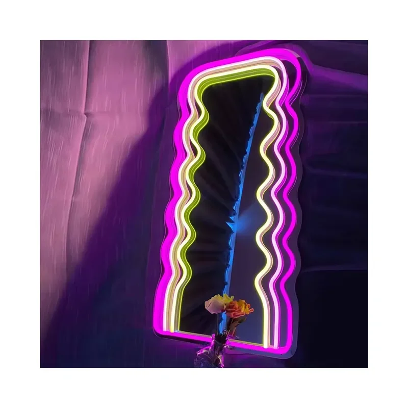 Winbo Custom Wavy Mirror Acrylic Neon Signs for Wall Decor Irregular Decorative Mirror With Dimmable Decor Neon Lights