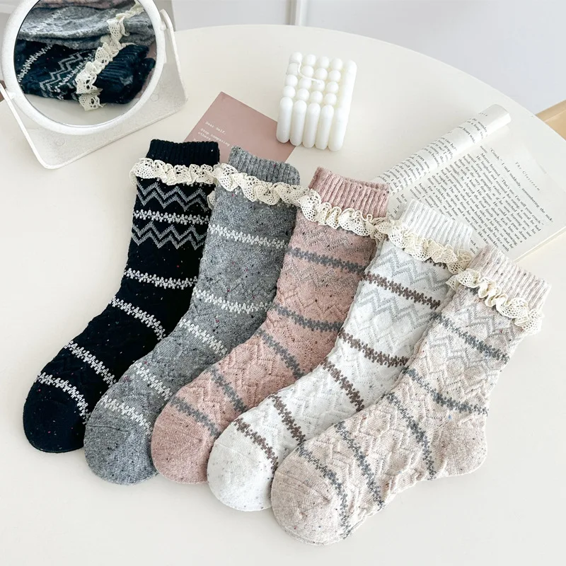 1/5 pairs Spring Autumn New Retro Dotted Lace Women's Socks Casual Fashionable Mid tube Socks Simple  Versatile Women's Socks