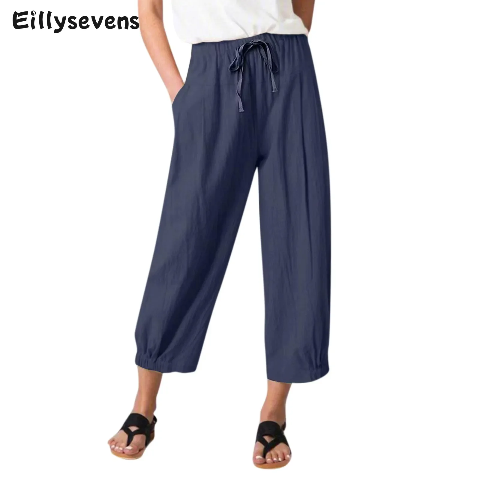 

Women's casual straight pants summer Ankle-Length trousers Cotton And Linen daily Drawstring With Pockets pantalones de mujer