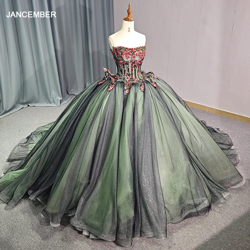 

Customized Fairy Princess Quinceanera Dresses Handmade Flower Floral Strapless Court Train Prom Party Gown vestidos 15 años