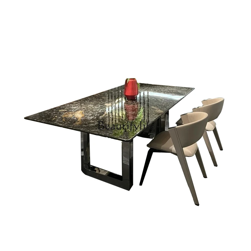 

Platinum diamond natural luxury stone dining table light luxury high-end rectangular marble dining table villa high sense