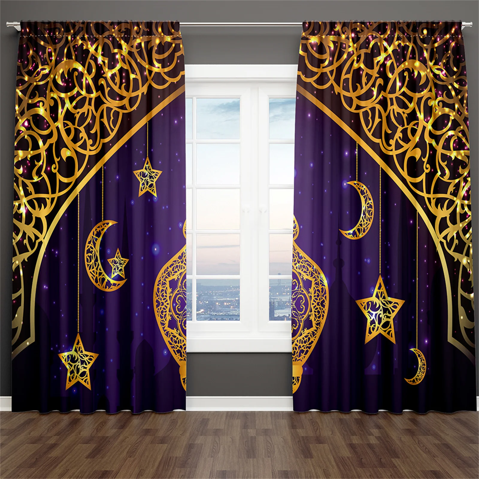 

Luxury Muslim Ramadan Festival Shading Drapes Darkening Window Curtain Set for Living Room Bedroom Decor 2 Pieces Free Shiping