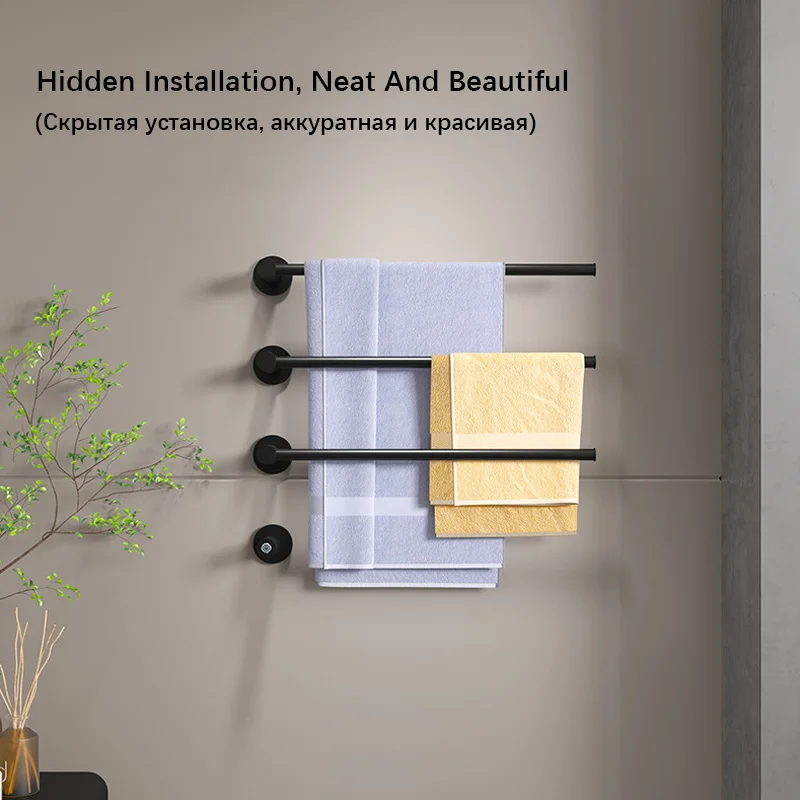 Schwarz/Chrom/gebürstetes Gold, versteckte, versteckte Installation, elektrischer Handtuchhalter. Thermostatischer Handtuchtrockner im Badezimmer. Beheizter Handtuchhalter.