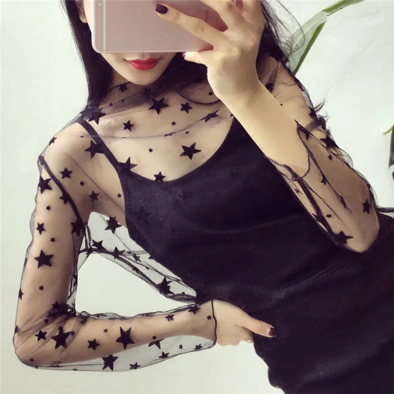 Women's Sexy Mesh Sheer Lace T-Shirts Perspective Long Sleeve Stand Collar Mesh Tops Striped Polka Dot Stars Party Tee Shirts