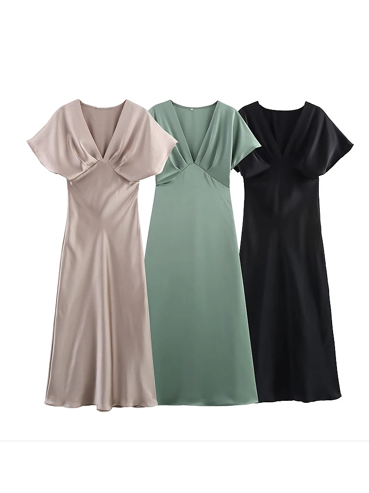 

OUROPEAN ZTATION 2025 Summer New Woman Casual Satin Top Midi Skirt Fashion Female Sleeveless Dress Regular Fit V-Collar Dresses