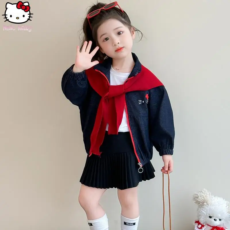 

Кавайный свитер Hello Kitty для девочек, шаль, джинсовое платье, новая куртка с героями мультфильмов в стиле аниме, весенне-осенний комплект Sanrio, детская одежда на Хэллоуин