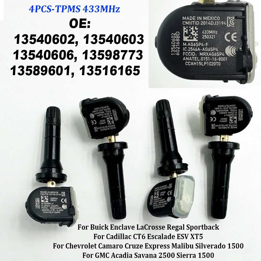 Sensor de pressão dos pneus tpms 433mhz, 4 unidades, 13540602 13540603 13540606 13589601 13516165 13598773 para gmc savana 2500 3500 2016-2019